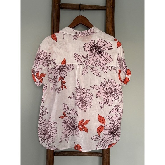 Rachel Roy Linen Floral Button Down Short Sleeve Top, White Pink, Size M - Picture 2 of 4